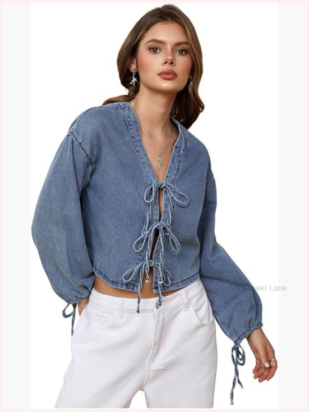 Tie Front Denim Blouse Lantern Long Sleeve V Neck Oversized